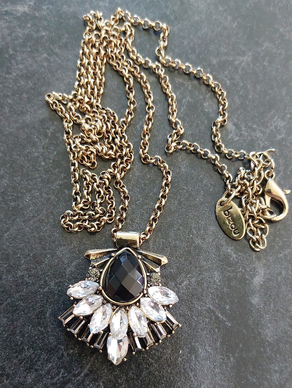🌸5/$25 Bizou 30" Long Necklace Black Clear Rhinestone Pendant Goldtone
